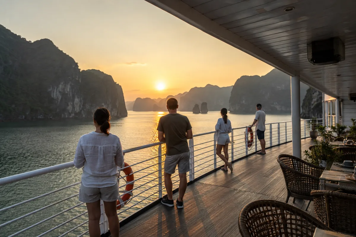 Passengers watching sunset over limestone islands from a cruise observation deck