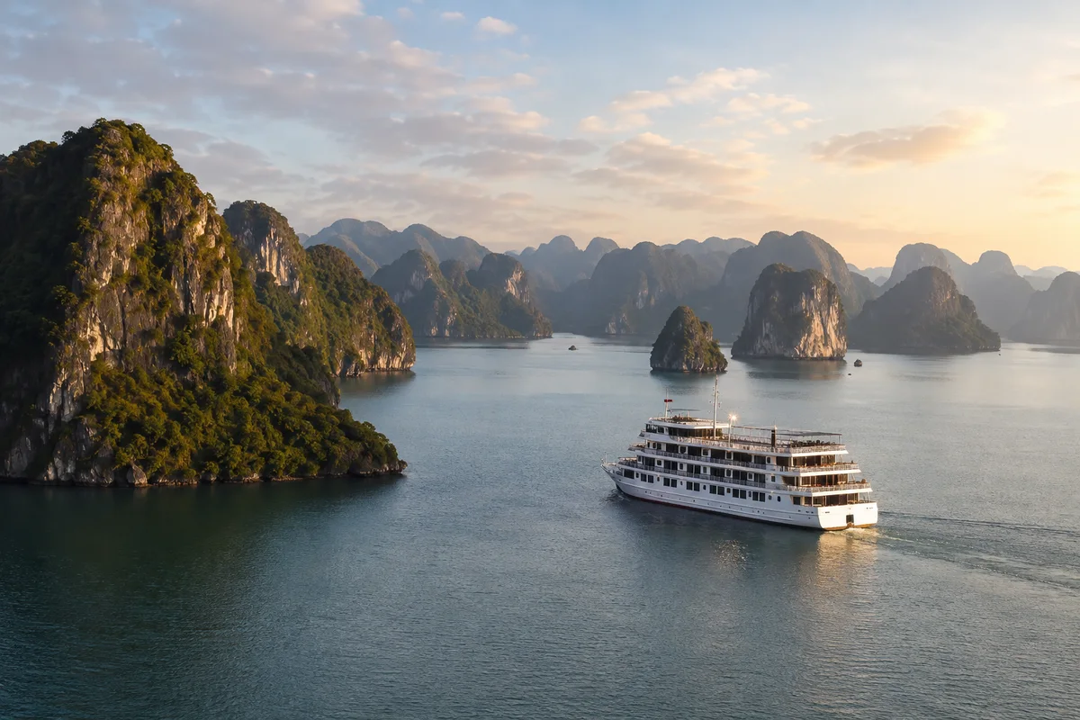 An overnight cruise vessel moving between limestone islands in Ha Long Bay